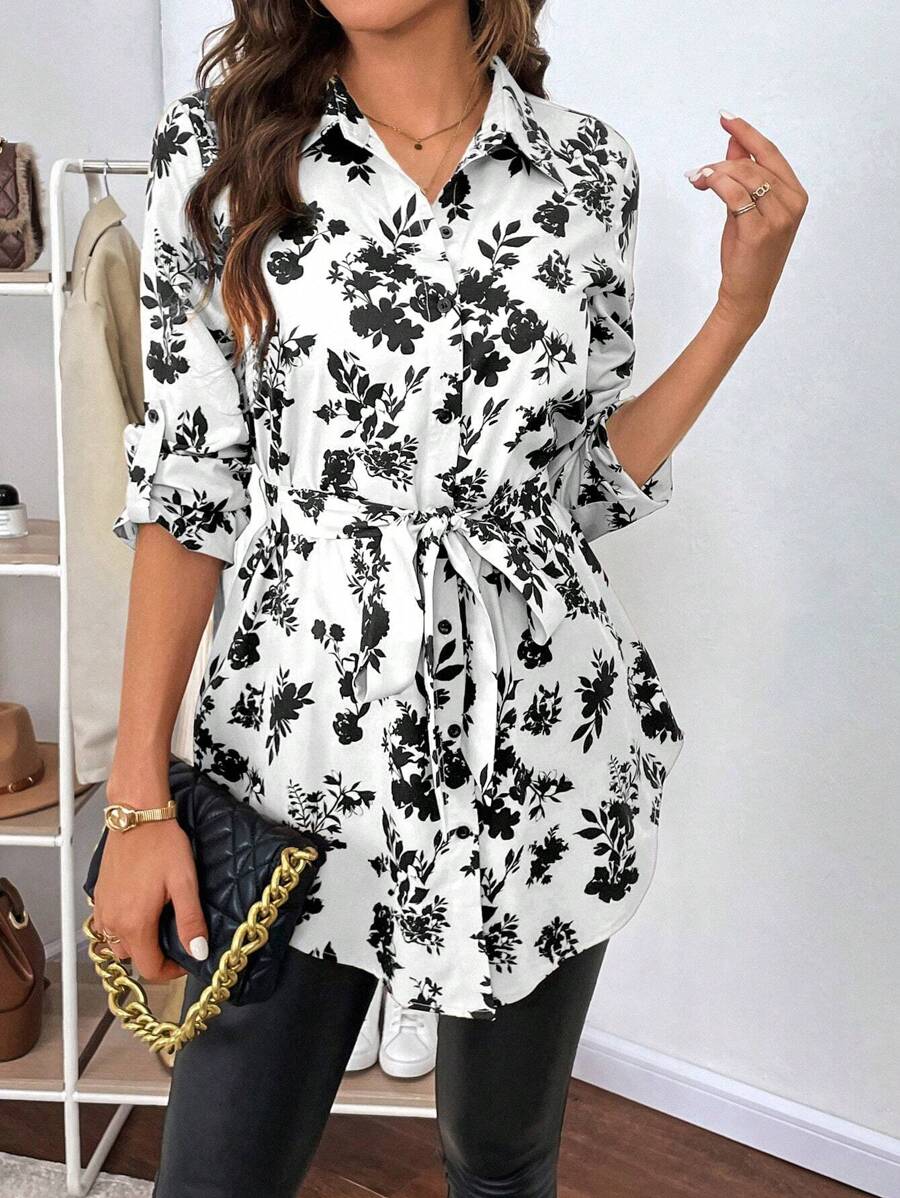 SHEIN Clasi Floral Print Belted Shirt - Black and White - View 1