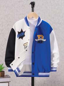 SHEIN 男大童字母圖案條紋飾邊撞色落肩袖學院風夾克不帶T恤 - 白色 - 查看 4