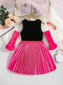 SHEIN Young Girl Two Tone Bow Front Pleated Hem Dress With Arm Sleeves - Black - View 2