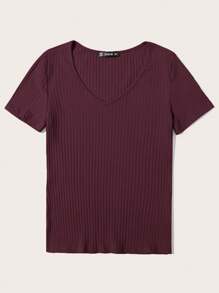 SHEIN Essnce V領條紋針織T恤 - 酒紅色 - 查看 3