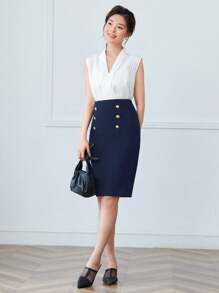 SHEIN Clasi 高腰紐扣細節後背開衩半身裙 - 藏蓝色 - 查看 4