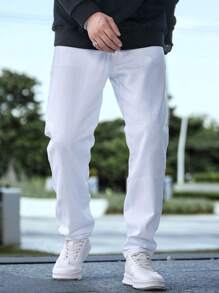 Manfinity Homme 男士實色直筒牛仔褲，長款淺色洗水牛仔褲，帶口袋純白色辦公室休閒聚會