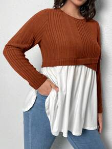 SHEIN Clasi 大碼雙色荷葉邊下擺T恤 - 鏽棕色 - 查看 3