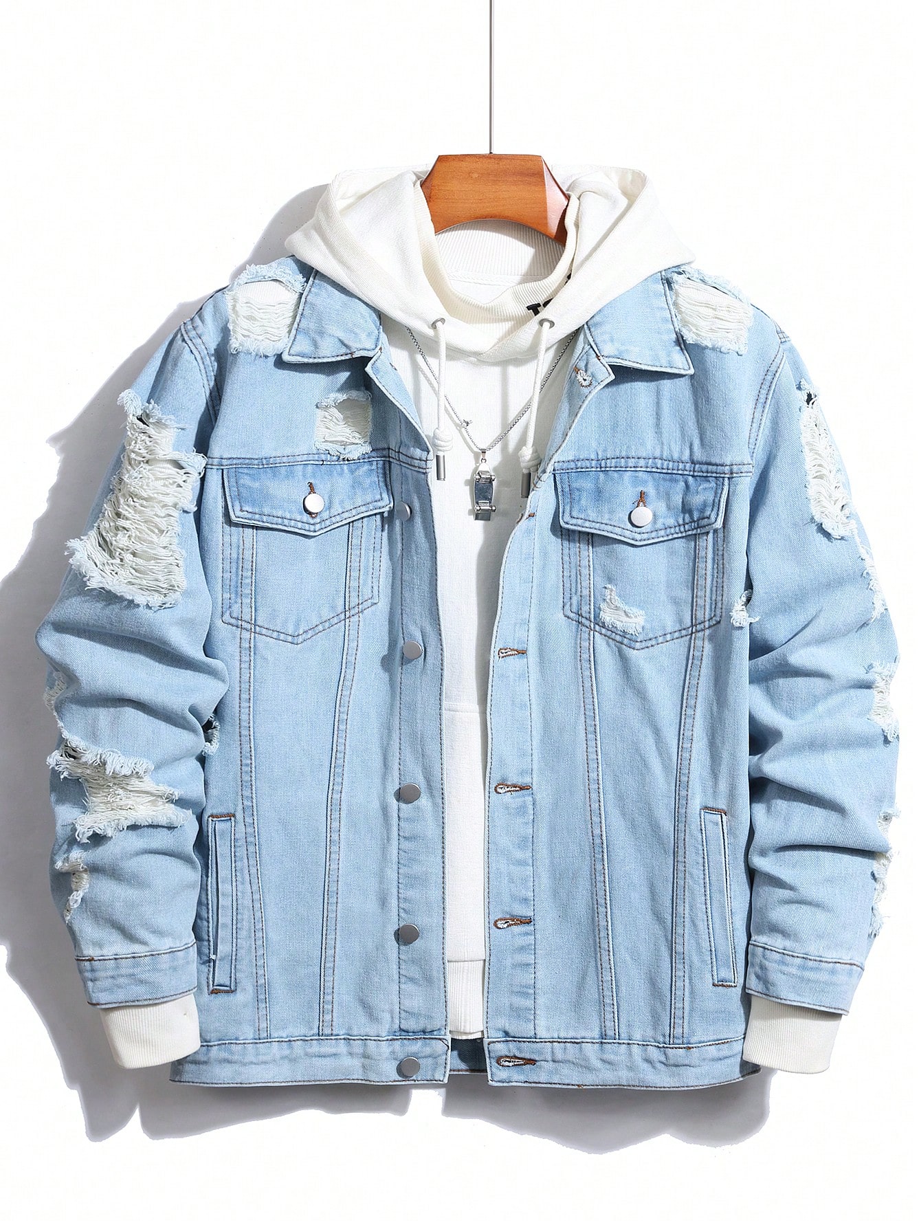 Manfinity Men Plus Ripped Frayed Denim Jacket Without Hoodie | SHEIN USA