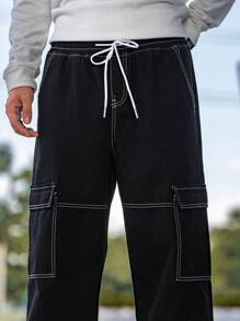 Manfinity Hypemode Loose Men's Top Stitched Drawstring Waist Cargo Jeans Baggy Long Washed Skater Jean Plain Black Going Out Y2K Friends Work Going Out Urban Vacation - Black - View 7