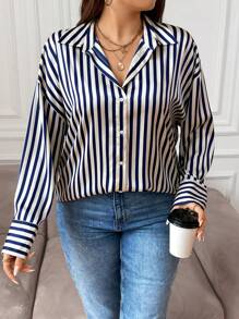 SHEIN Franclia Plus Striped Print Drop Shoulder Shirt - Blue - View 4