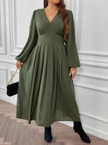 Flirla Plus V Neck Lantern Sleeve Fold Pleated Detail Dress - Army Green - View 5