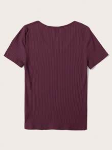 SHEIN Essnce V領條紋針織T恤 - 酒紅色 - 查看 2