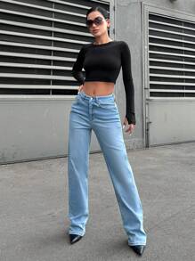 EURMUSE Solid Straight Leg Jeans - Baby Blue - View 1