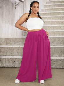SHEIN CURVE+ Plus Solid Wide Leg Pants - Hot Pink - View 3