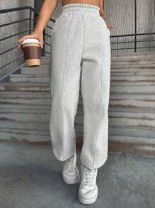 EURMUSE Solid Slant Pocket Elastic Waist Sweater Pants - Grey - View 3