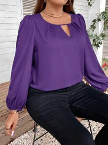 SHEIN Clasi Plus Size Elegant Commuter Solid Color Puff Sleeve Blouse - Purple - View 3