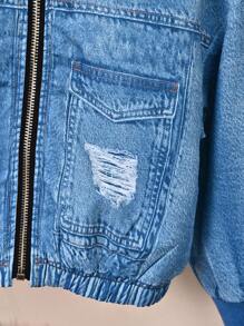 SHEIN Young Girl 1pc Ripped Flap Pocket Drop Shoulder Bomber Jacket - Blue - View 5