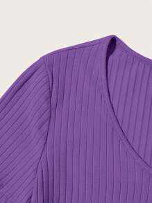 SHEIN Essnce V領羅紋針織T恤 - 紫羅蘭色 - 查看 5