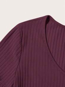 SHEIN Essnce V領條紋針織T恤 - 酒紅色 - 查看 4