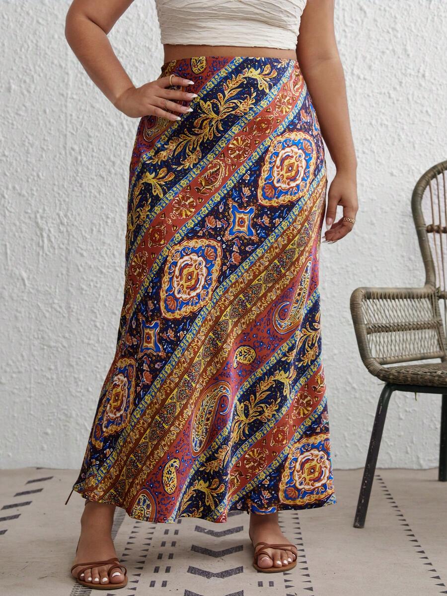 SHEIN VCAY 大碼魚尾裙下擺佩斯利印花半身裙 - 藍色 - 查看 1