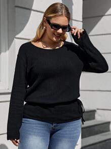 RueChic Plus Solid Drop Shoulder Knot Side Blouse - Black - View 4