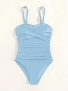 Teen Girl Twist Front Ruched One Piece Swimsuit - Baby Blue - View 4
