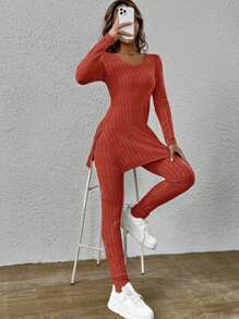 SHEIN Essnce Viền chia cắt Áo thun và Leggings - Gỗ đỏ - Xem 1