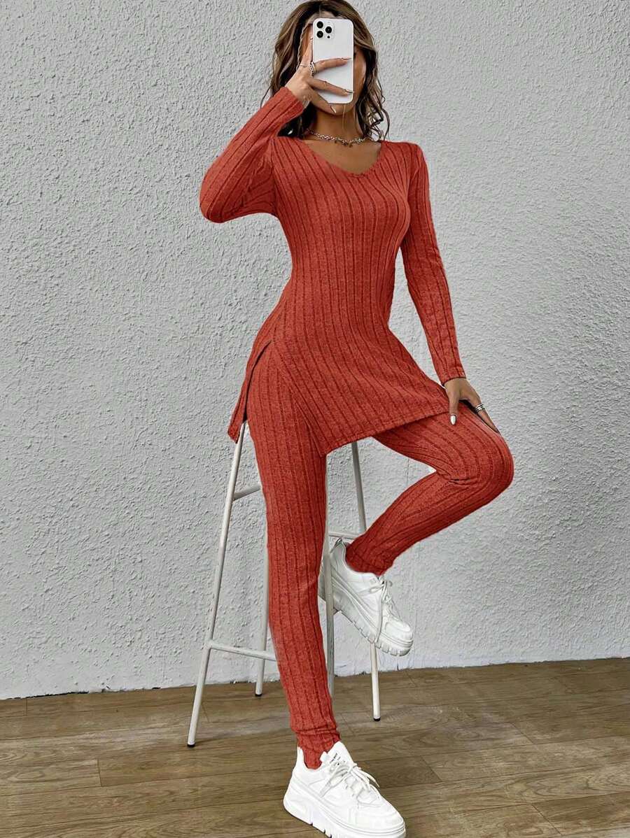 SHEIN Essnce Viền chia cắt Áo thun và Leggings - Gỗ đỏ - Xem 1