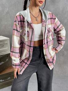 SHEIN LUNE 格紋印花落肩袖抽繩連帽襯衫 - 粉色 - 查看 3