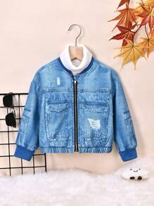 SHEIN Young Girl 1pc Ripped Flap Pocket Drop Shoulder Bomber Jacket - Blue - View 1