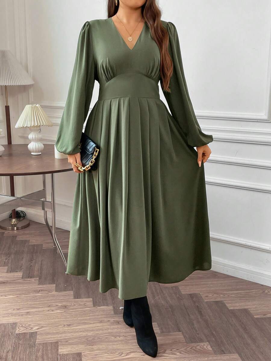 Flirla Plus V Neck Lantern Sleeve Fold Pleated Detail Dress - Army Green - View 1
