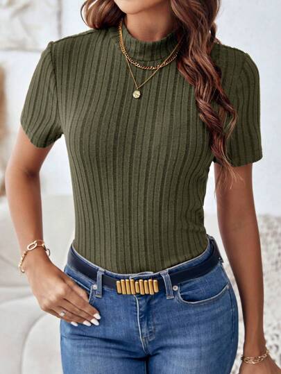 SHEIN Clasi Mock Neck Ribbed Knit Tee