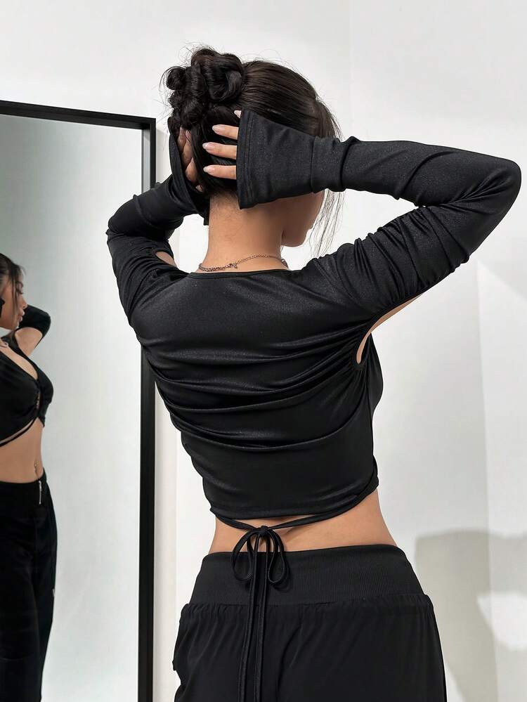 Cut Out Drawstring Front Crop Top Fall Cloth For Women