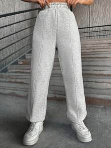 EURMUSE Solid Slant Pocket Elastic Waist Sweater Pants - Grey - View 5