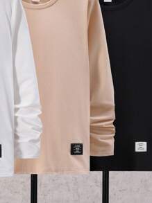 SHEIN Tween Boy Loose Fit Casual Solid Color Round Neck Long Sleeve Knit T-Shirt - Black - View 6