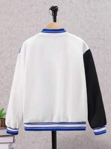 SHEIN 男大童字母圖案條紋飾邊撞色落肩袖學院風夾克不帶T恤 - 白色 - 查看 2