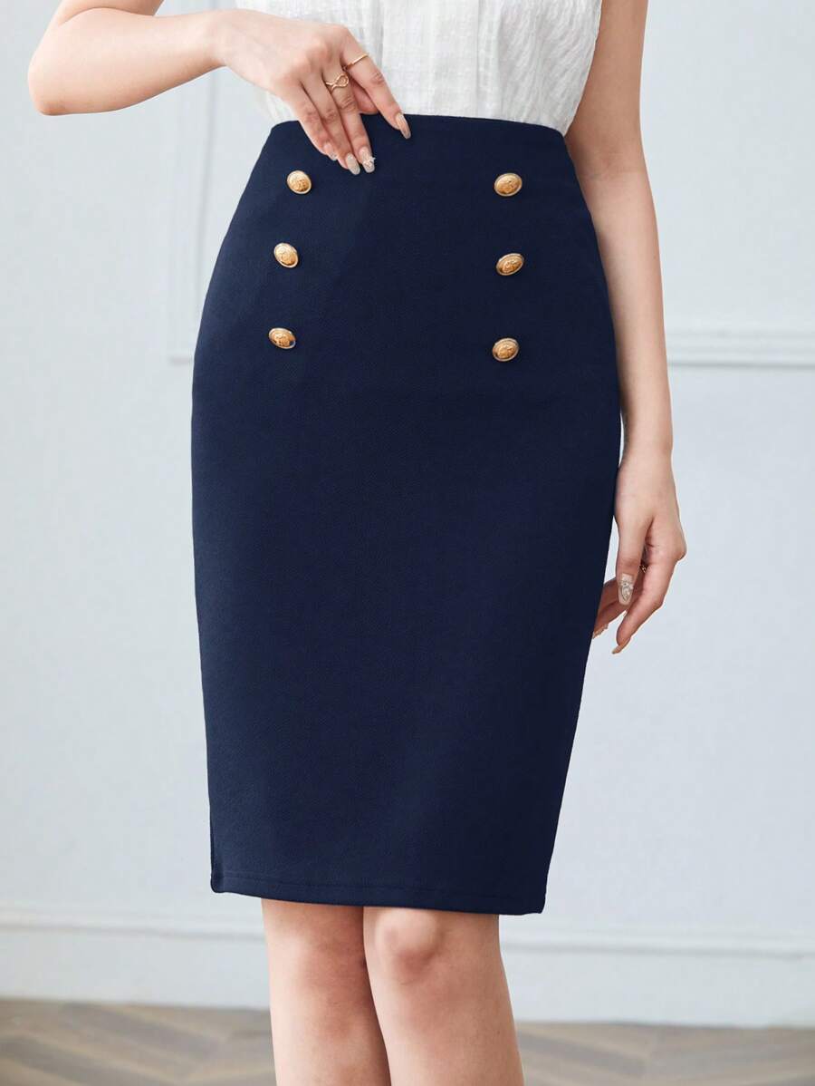 SHEIN Clasi 高腰紐扣細節後背開衩半身裙 - 藏蓝色 - 查看 1