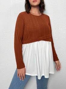 SHEIN Clasi 大碼雙色荷葉邊下擺T恤 - 鏽棕色 - 查看 4