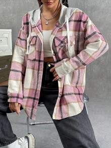 SHEIN LUNE 格紋印花落肩袖抽繩連帽襯衫 - 粉色 - 查看 4