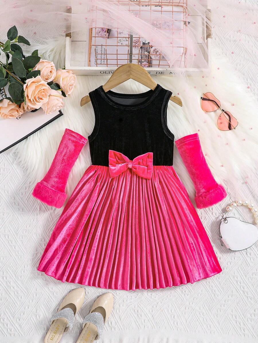 SHEIN Young Girl Two Tone Bow Front Pleated Hem Dress With Arm Sleeves - Black - View 1