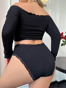 SHEIN Plus Lace Trim Bow Front Panty - Black - View 2