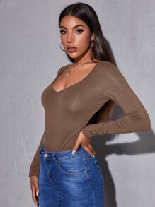 SHEIN Essnce Scoop Neck Fitted Solid Tee - Mocha Brown - View 3
