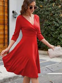 Chất rắn Surplice cổ Đầm - Đỏ - Xem 6