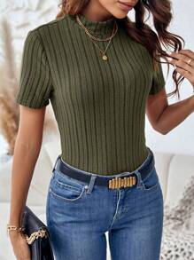 SHEIN Clasi Cổ giả Đồ đan Ribbed Áo thun - xanh quân đội - Xem 4