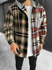 Manfinity Homme Men Plaid Print Colorblock Drawstring Hooded Overcoat Without Tee - Multicolor - View 1