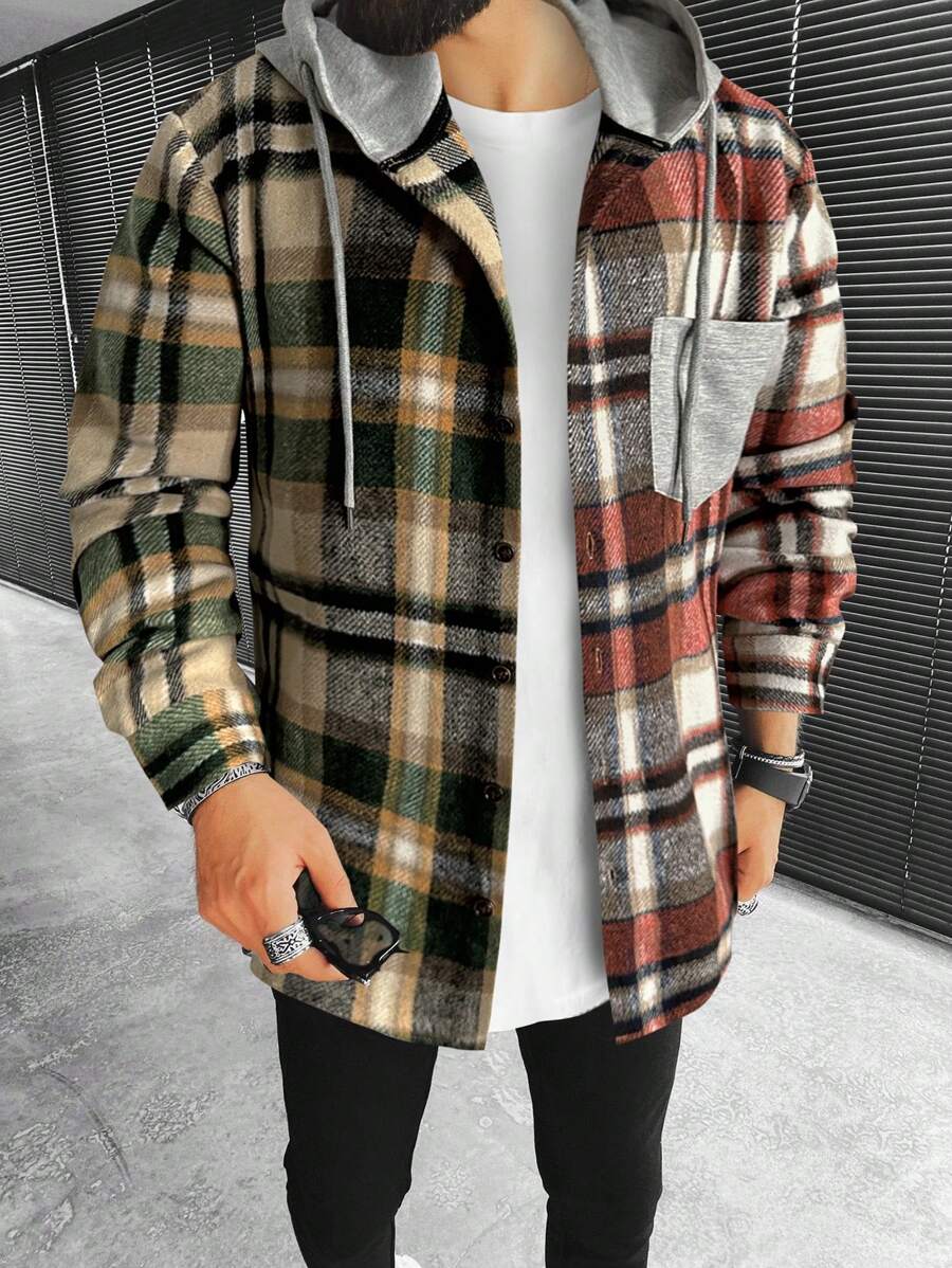 Manfinity Homme Men Plaid Print Colorblock Drawstring Hooded Overcoat Without Tee - Multicolor - View 1