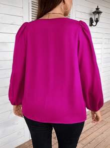 SHEIN Clasi Plus Keyhole Neckline Lantern Sleeve Blouse - Red Violet - View 3