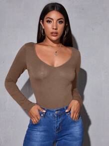 SHEIN Essnce Scoop Neck Fitted Solid Tee - Mocha Brown - View 1