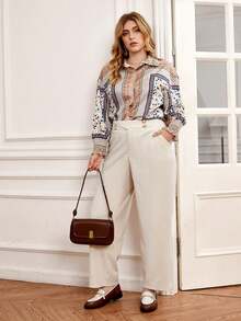 SHEIN Franclia Hơn Cao eo Quần chân thẳng - Màu be - Xem 3