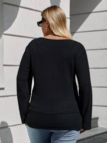 RueChic Plus Solid Drop Shoulder Knot Side Blouse - Black - View 2