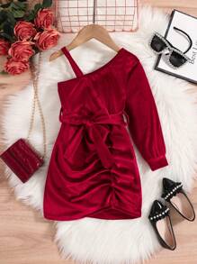 SHEIN Young Girl Asymmetrical Neck Ruched Belted Dress - Red - View 1