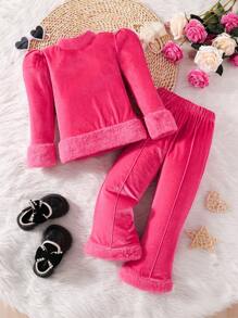 SHEIN 女孩毛茸邊小高領T恤&喇叭褲 - 玫紅色 - 查看 1