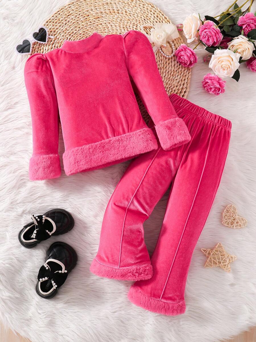 SHEIN 女孩毛茸邊小高領T恤&喇叭褲 - 玫紅色 - 查看 1