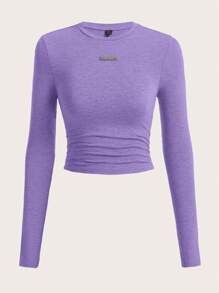 SHEIN EZwear 標語貼布細節短款T恤 - 紫色 - 查看 1